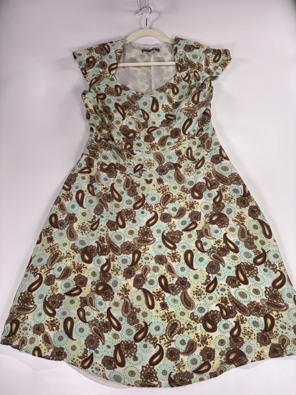 Isabella Bird Fit And Flare Dress Cap Sleeve Silk Paisley Mint Brown 8P - Picture 2 of 12